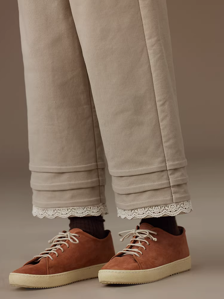 Quần dài kaki phối ren mùa thu đông cho bé gái, kiểu dáng đơn giản, quần thẳng