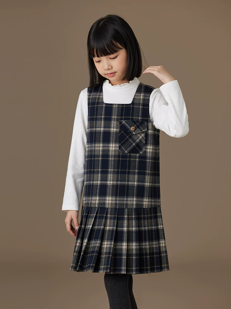 Váy vest kẻ sọc trẻ em, váy không tay cổ điển đa năng dành cho bé gái, quần áo mùa thu cho trẻ lớn.