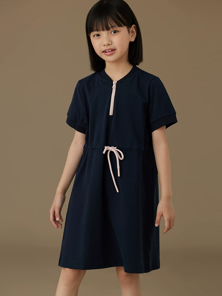 Váy mùa hè màu xanh hải quân cho trẻ em, váy ngắn tay đơn giản bằng cotton cho bé gái, kiểu dáng mỏng nhẹ cho bé gái