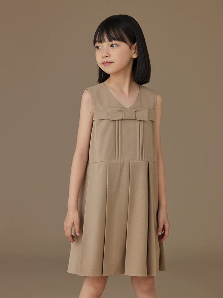 Váy áo vest trẻ em cho mùa xuân và mùa thu, váy xếp ly nơ ngọt ngào, váy không tay đa năng, phong cách thường ngày dành cho bé gái.