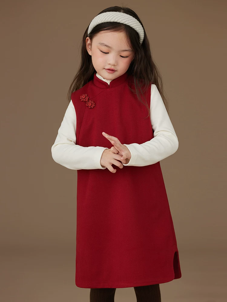 Quần áo trẻ em mùa thu đông váy trẻ em đơn giản màu đỏ lễ hội trang phục năm mới cho bé gái váy vest phong cách Trung Hoa mới cho bé gái