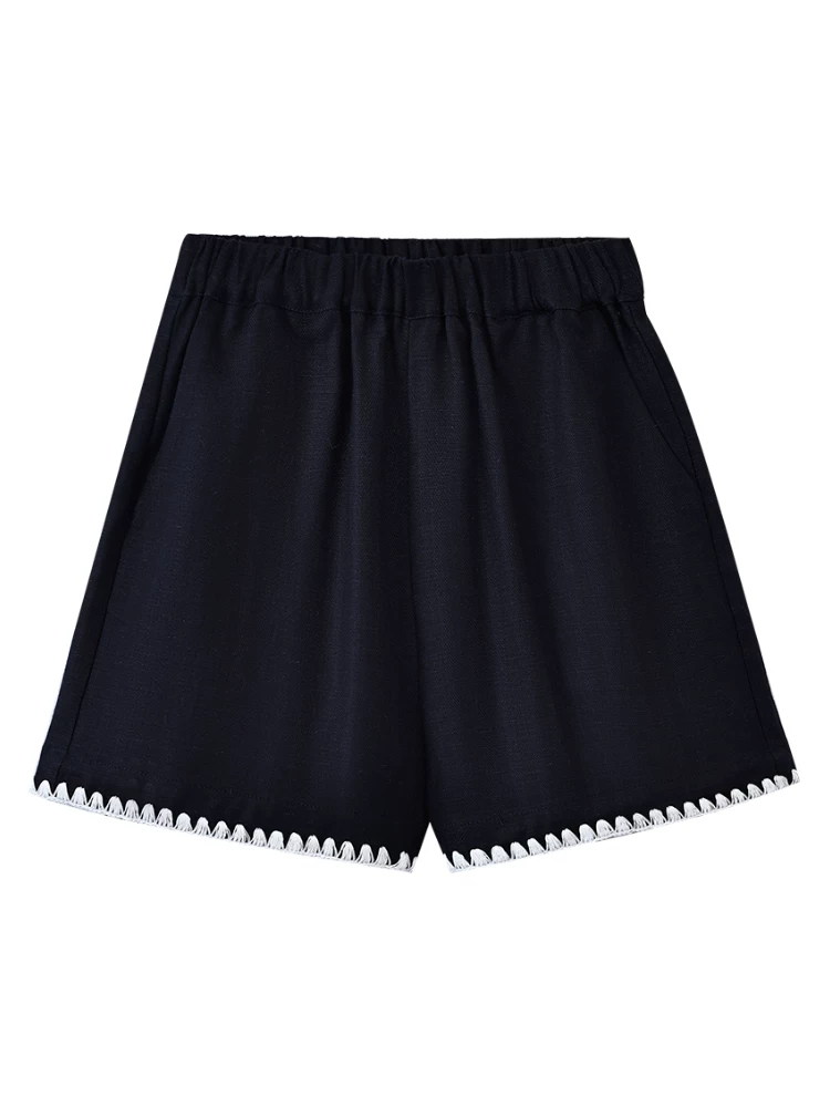 Quần short màu xanh hải quân bằng vải cotton và vải lanh mát mẻ mùa hè dành cho trẻ em, quần denim cổ điển cho bé gái, quần thường ngày đa năng cho bé gái.