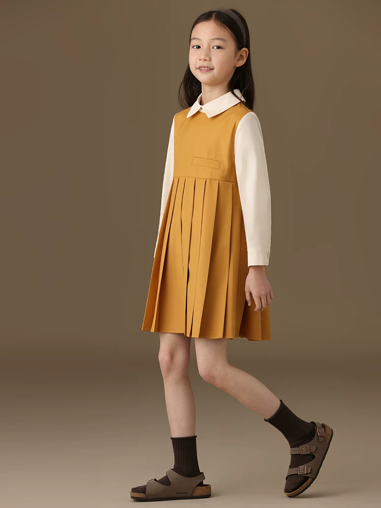 Váy áo thu đông trẻ em, kiểu dáng thanh lịch, chất liệu dày dặn, phong cách preppy, chân váy xếp ly, đầm dài tay mẹ và bé gái