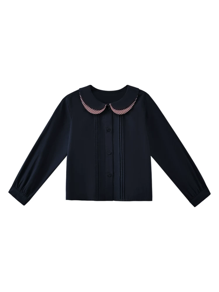 Quần áo trẻ em cho mùa xuân và mùa thu, áo sơ mi bé gái cổ búp bê phối màu phong cách Hàn Quốc ngọt ngào, trang phục mùa thu bằng cotton thân thiện với làn da.