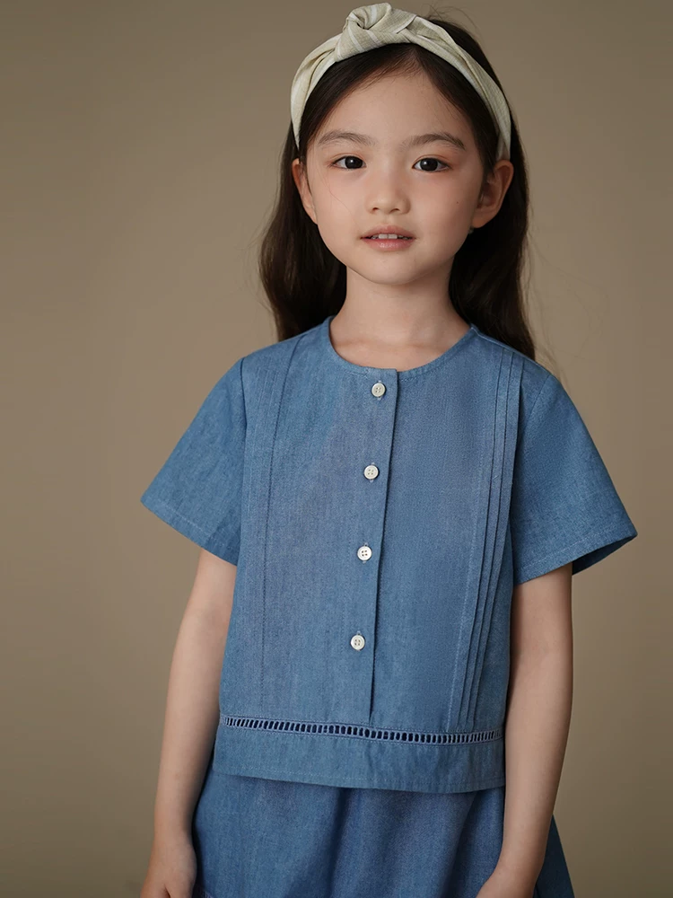 Hazi Quần Áo Trẻ Em Mùa Hè Denim Bộ Thân Thiện Với Làn Da Thoáng Khí Áo Sơ Mi Tay Ngắn Váy Bé Gái Thường Ngày Dáng Rộng