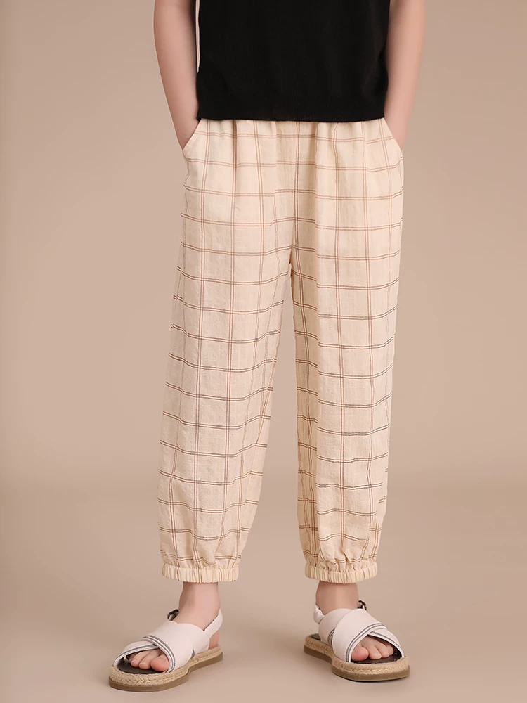 Quần áo trẻ em đầu thu hàng mới về trẻ em và cha mẹ mặc đồ rộng rãi đa năng lưng thun cotton nguyên chất quần kẻ sọc chống muỗi cho bé