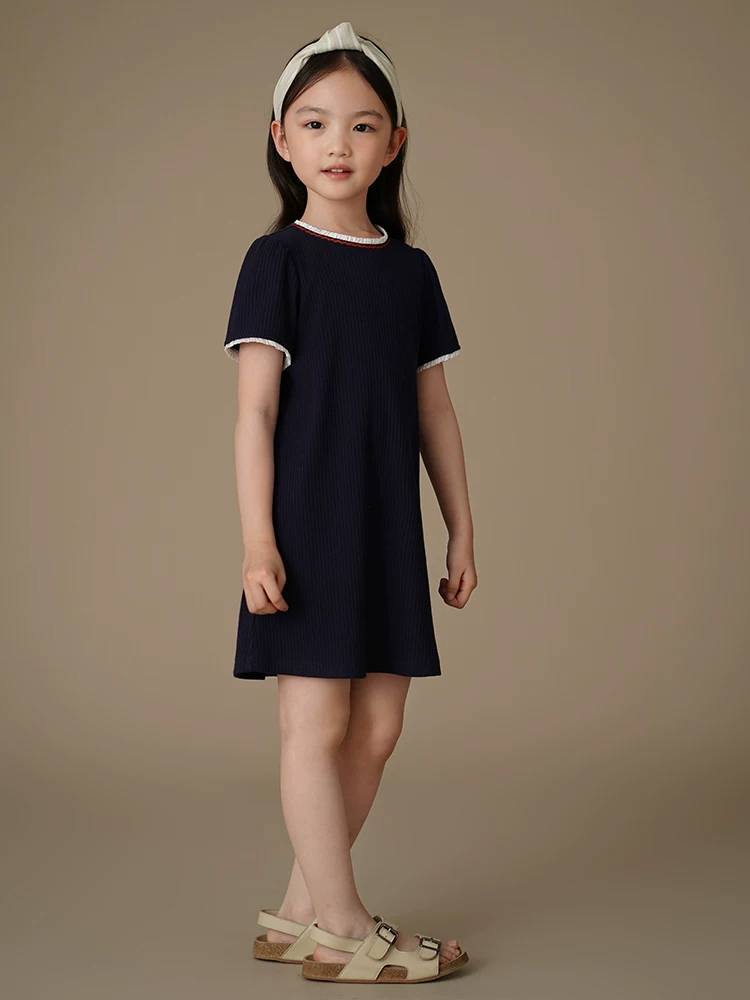 Váy len màu xanh navy mùa hè cho bé gái, kiểu dáng thiết kế mùa hè, tay ngắn, dành cho trẻ lớn hơn