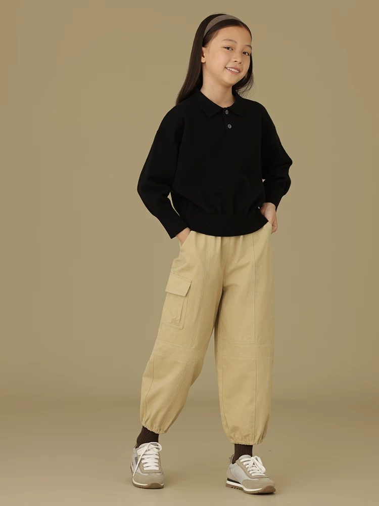 Quần cargo trẻ em mùa xuân thu, quần dài cotton kaki có túi lớn, quần jogger bé trai bé gái