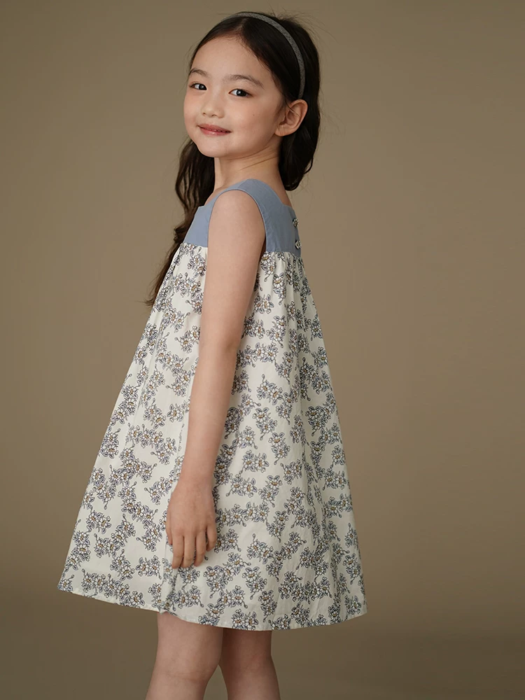 Quần áo trẻ em mùa hè váy trẻ em chất liệu cotton cổ vuông màu xanh váy liền thân họa tiết hoa váy dài cho bé gái
