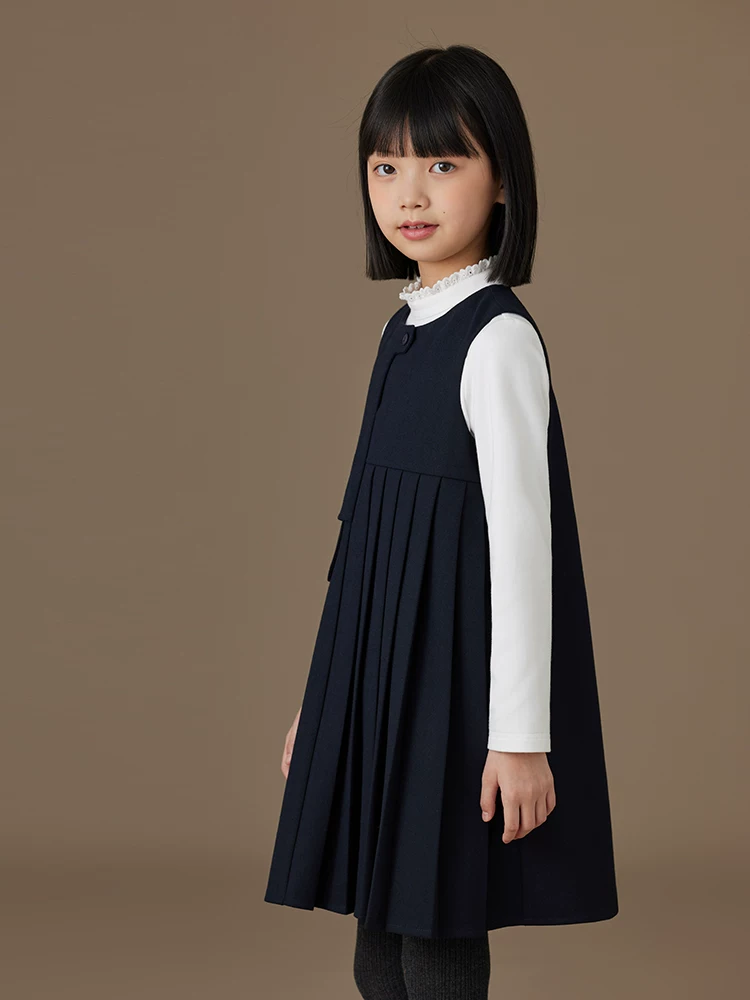 Quần áo trẻ em váy vest màu xanh hải quân, trang phục trang trọng đơn giản và tinh tế cho bé gái, trang phục mùa thu cho trẻ lớn.