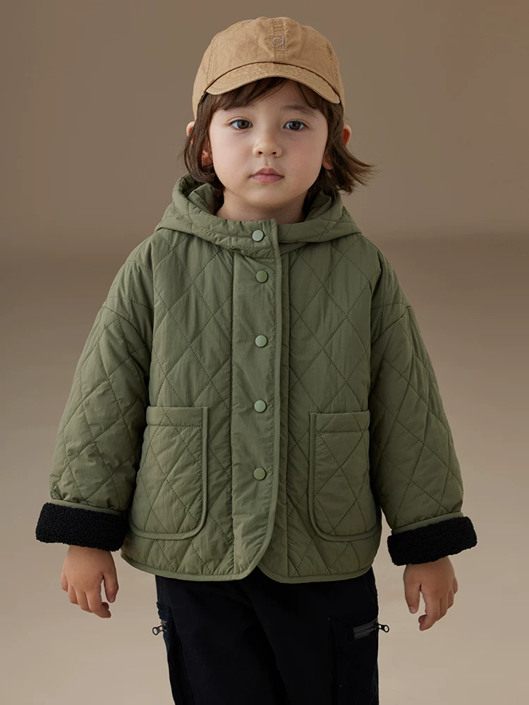 Áo khoác cotton màu xanh quân đội dành cho trẻ em mùa thu đông, dày dặn và ấm áp, áo khoác ba lớp chống thấm ngoài trời cho bé trai và bé gái