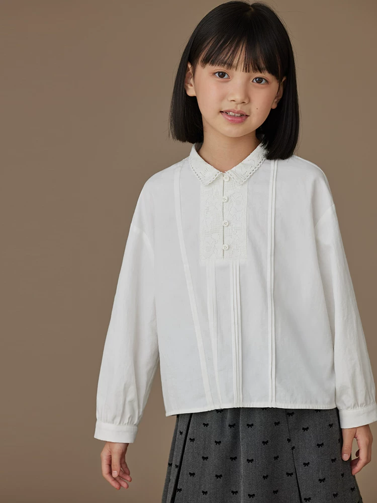 Quần áo trẻ em trang phục mùa thu ren ngọt ngào áo trắng hoàn toàn bằng vải cotton đơn giản cao cấp áo sơ mi dài tay cho bé gái mùa xuân và mùa thu