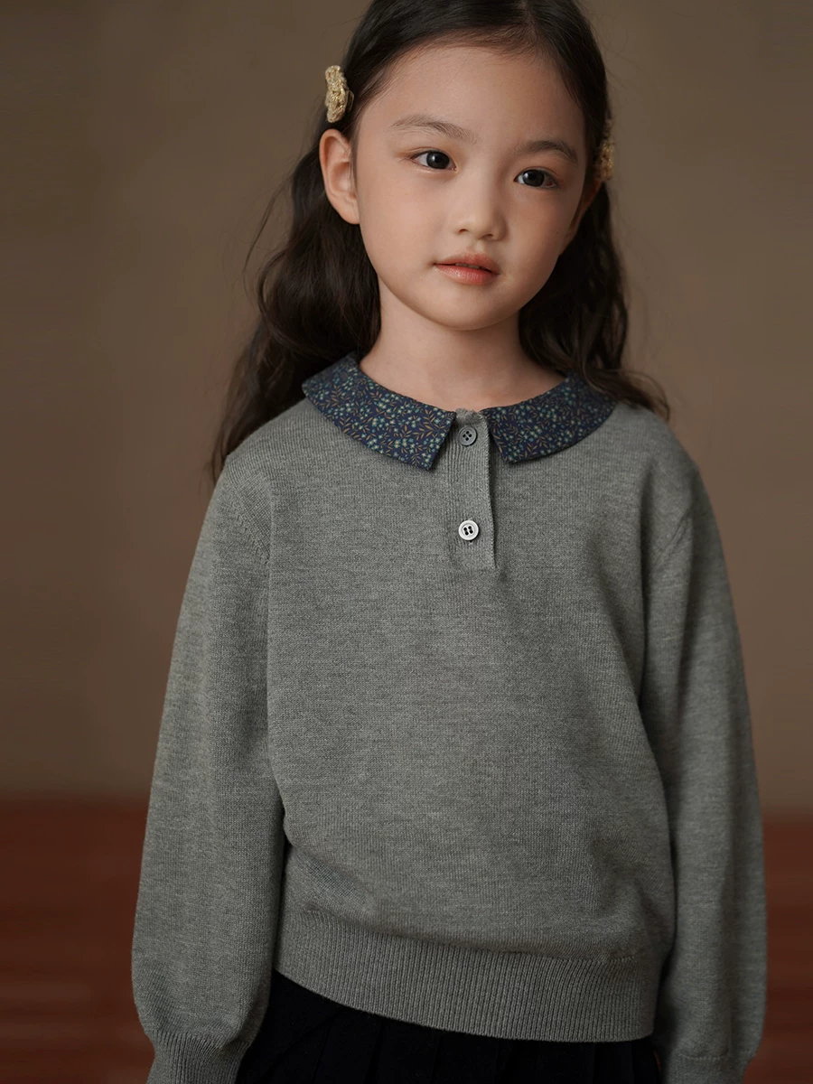 Áo len mùa đông cho trẻ em có cổ áo sơ mi, áo dệt kim họa tiết hoa đồng quê, áo lót chui đầu cho bé gái.