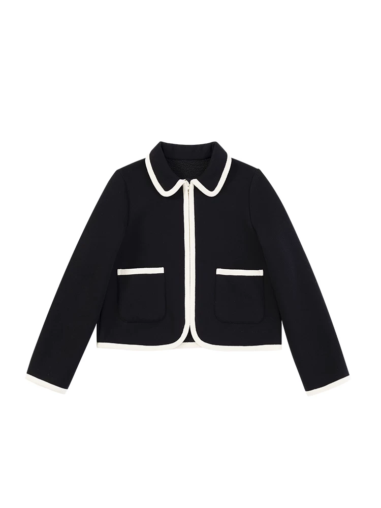 Áo khoác bé gái thu đông kiểu Pháp, phối màu, cổ trụ, giữ ấm, có khóa kéo