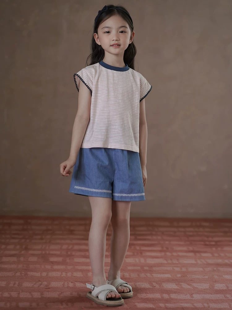 Áo dệt kim sọc hồng mỏng mùa hè dành cho trẻ em, áo thun ngắn tay cho trẻ lớn, quần áo mùa hè mới