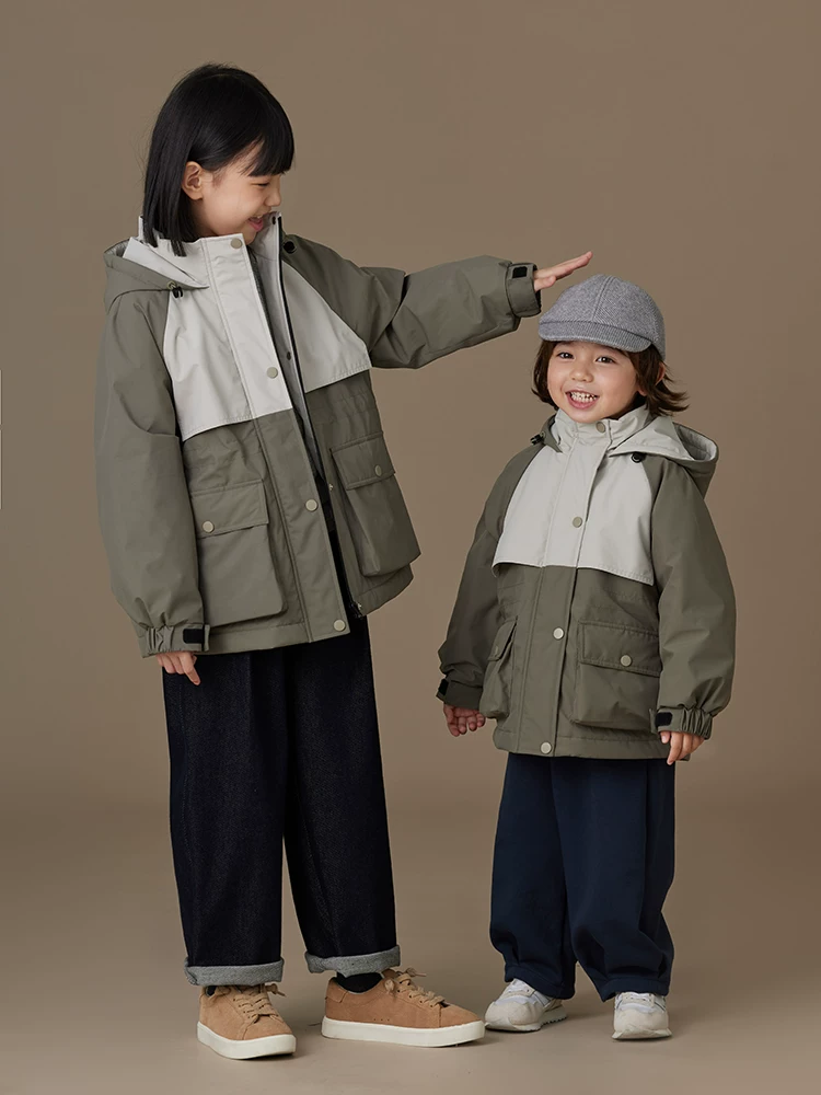 Áo khoác cotton màu xanh quân đội dành cho trẻ em, dày dặn và ấm áp, áo khoác ba lớp chống thấm ngoài trời cho bé trai và bé gái mùa thu đông