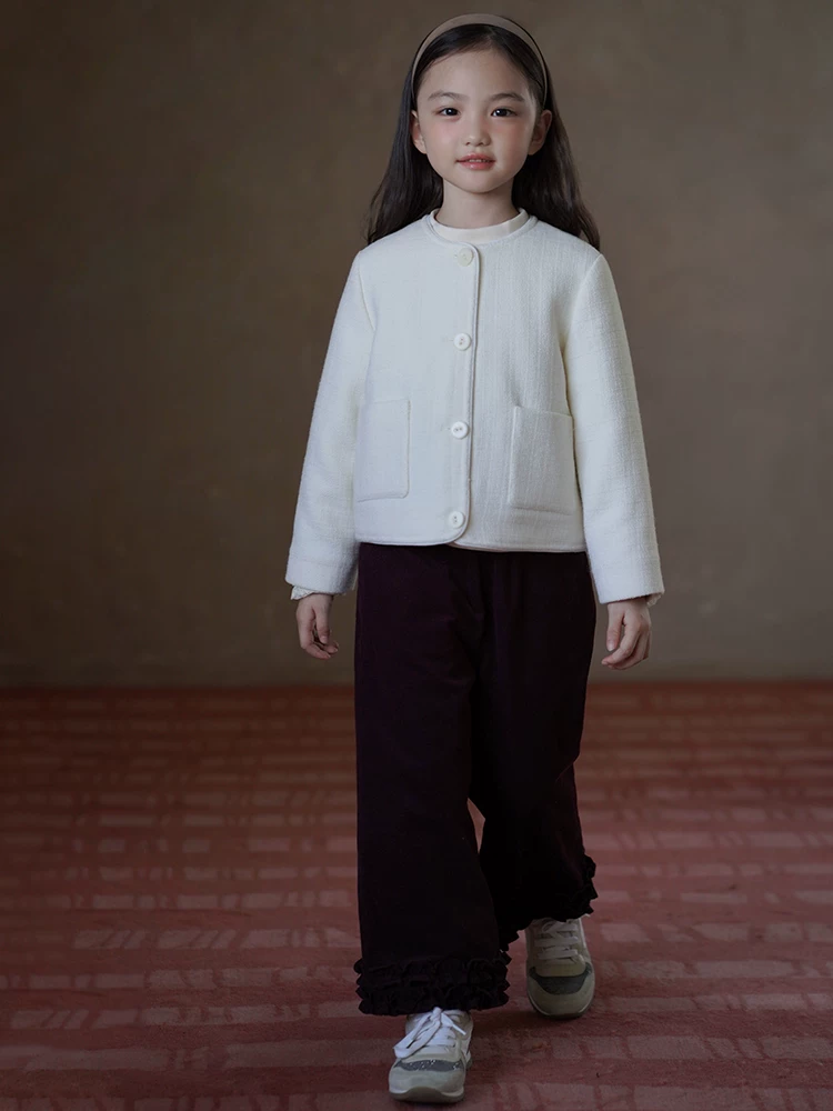 Áo khoác len ngắn cho trẻ em mùa thu đông, áo kiểu Chanel đơn giản và cao cấp cho bé gái, áo khoác cotton mỏng cho bé gái.