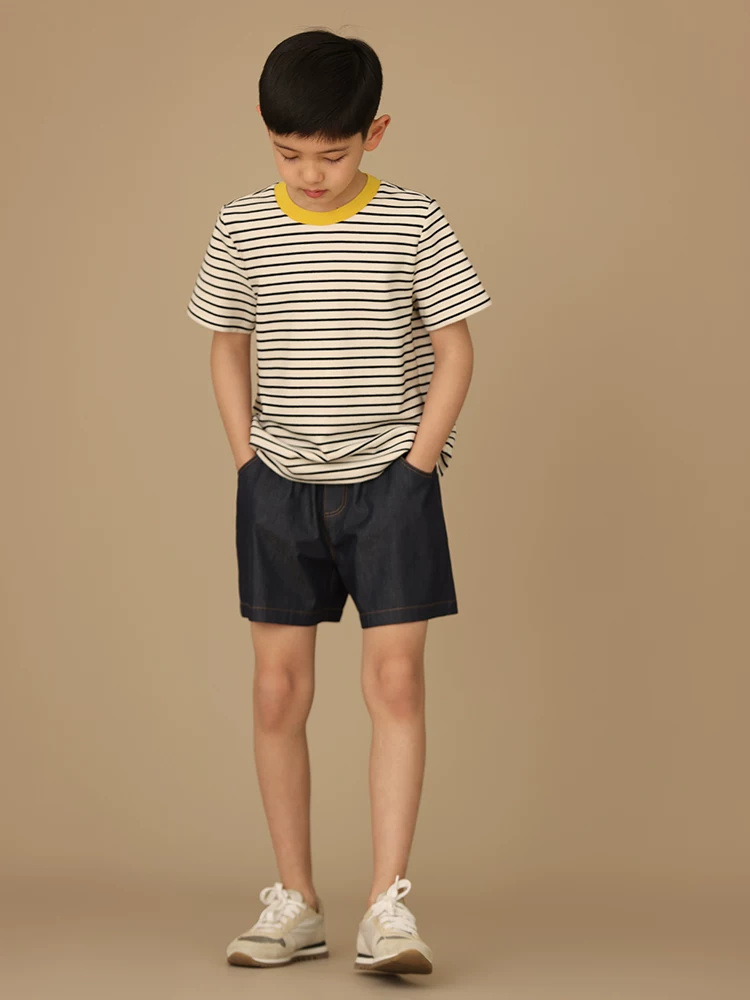 Quần áo trẻ em cotton thân thiện với da áo thun ngắn tay sọc ngắn tay dành cho cha mẹ và con cái áo thun dáng rộng thông thường dành cho bé trai và bé gái mùa hè