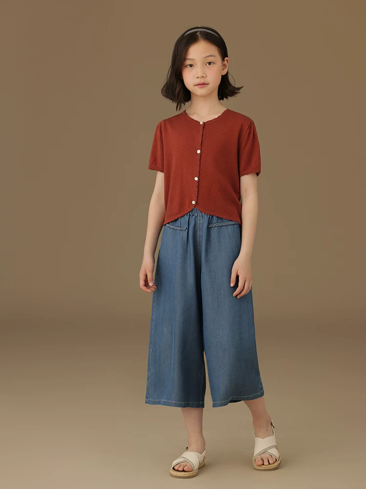 Áo cardigan dệt kim màu đỏ dành cho trẻ em, áo khoác ngoài mỏng mùa hè, áo ngắn tay dành cho bé gái, kiểu dáng thời trang và sành điệu