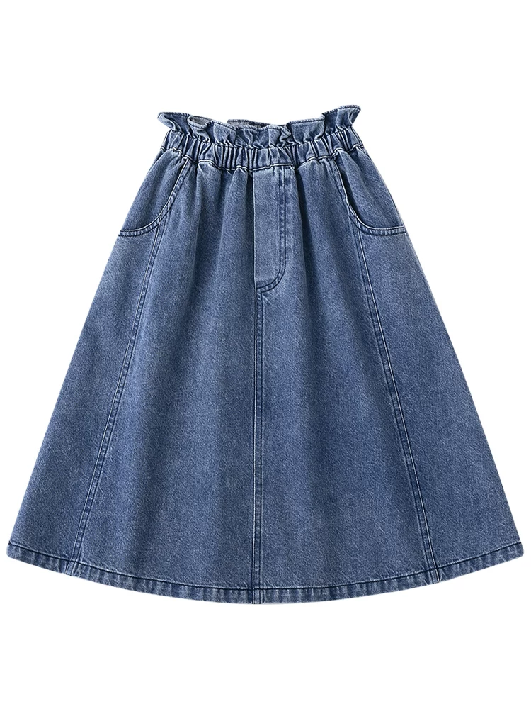 Quần áo trẻ em Hazi Xuân Thu Sản phẩm mới Váy chữ A denim có túi thun dành cho mẹ và con gái bằng cotton nguyên chất thân thiện với da