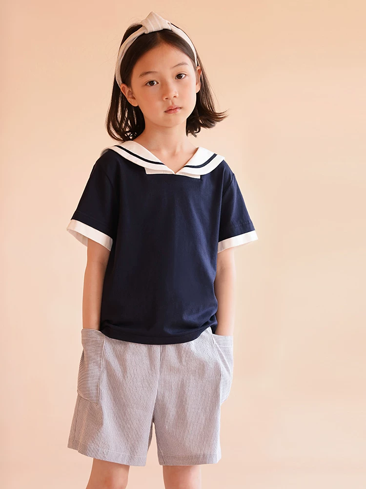 Quần áo trẻ em Hazi Bộ sưu tập mới Xuân/Hè dành cho bé gái Phong cách cha mẹ và con cái Áo thun cotton Nhật Bản dáng rộng cổ thủy thủ tay ngắn