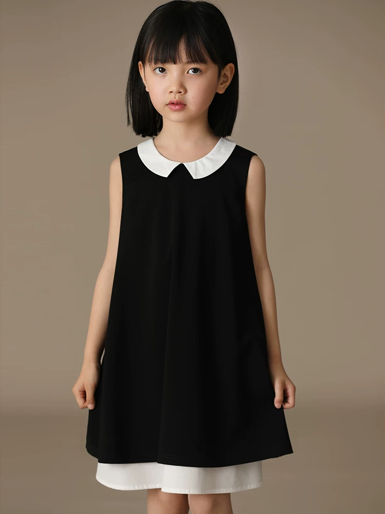 Quần áo trẻ em Ha Chi Mùa hè mới về Váy hai mảnh giả cổ điển phối màu cổ điển Váy đen nhỏ phong cách cha mẹ và con cái Váy không tay kiểu dáng cổ điển