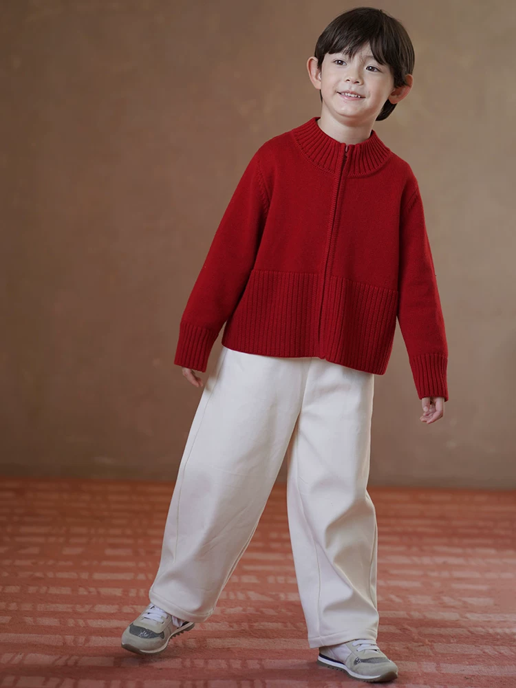 Quần áo trẻ em áo len đỏ retro giản dị dệt kim cardigan bé trai và bé gái áo khoác len mùa thu đông ấm áp