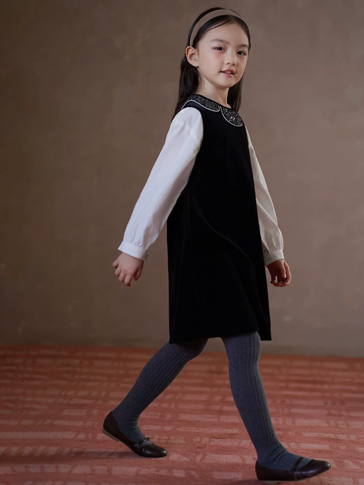Quần áo trẻ em cho mùa xuân và mùa thu, váy nhung đen cho bé gái, váy thanh lịch cho bé gái, váy sinh nhật cho bé gái.