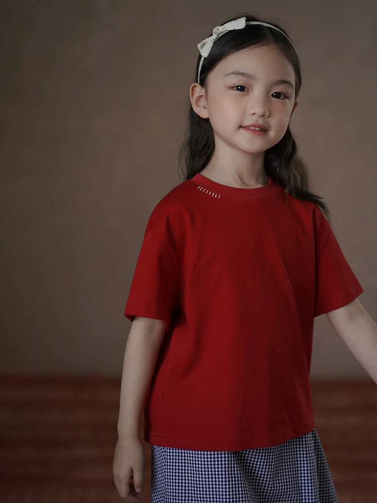 Áo len dệt kim mùa hè màu đỏ cho bé trai và bé gái, áo thun ngắn tay cho trẻ lớn, trang phục mùa hè, 25 kiểu mới