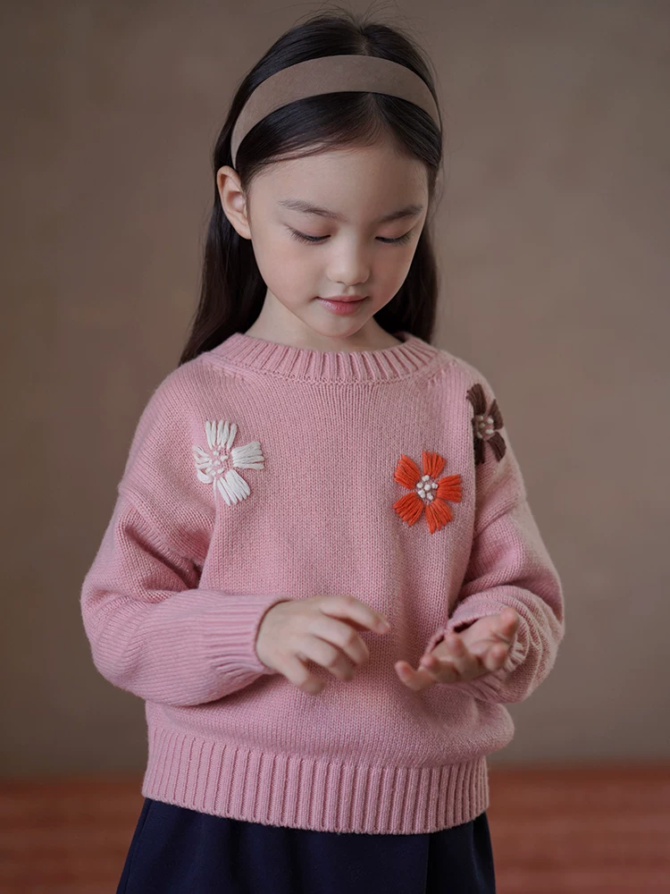 Quần áo trẻ em Hazi Áo len trẻ em mùa thu đông Áo len móc màu hồng ngọt ngào Áo len len nữ Áo len len nữ phong cách mới mùa thu