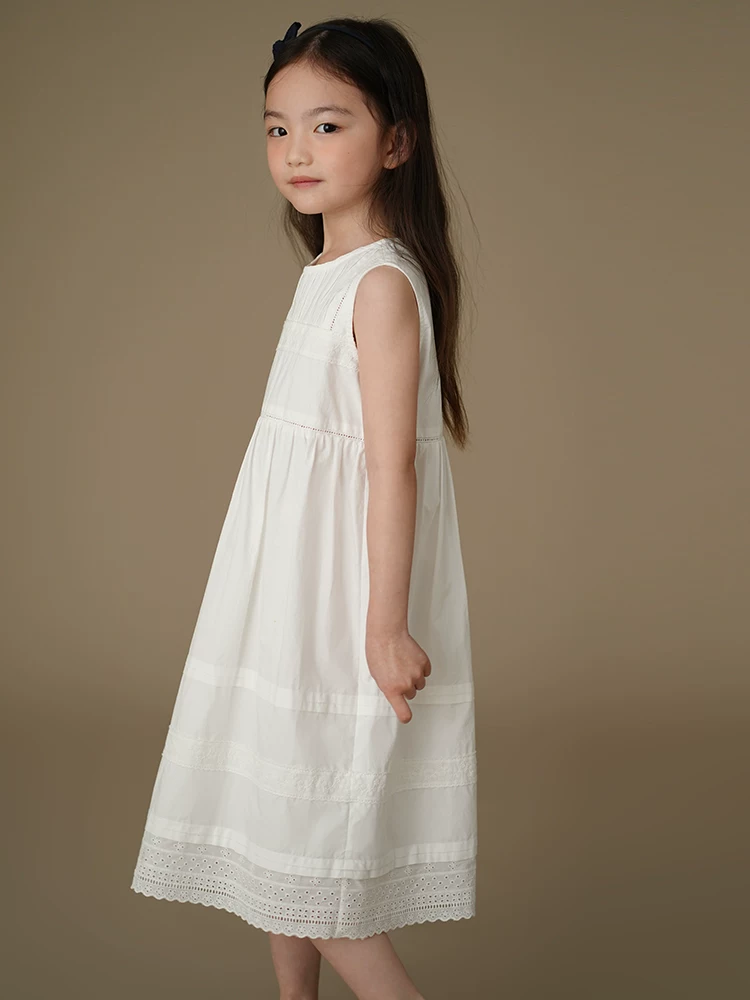 Váy liền thân mùa hè cho bé gái, kiểu Pháp, phối ren, váy dài màu trắng cho trẻ lớn
