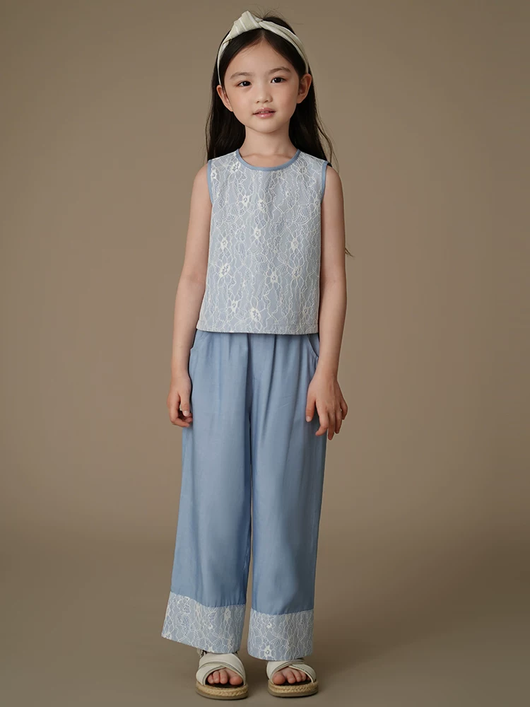 Quần ống thẳng cho trẻ em có phối ren ngọt ngào, quần jean bé gái, quần thường ngày cho trẻ lớn, mùa hè.