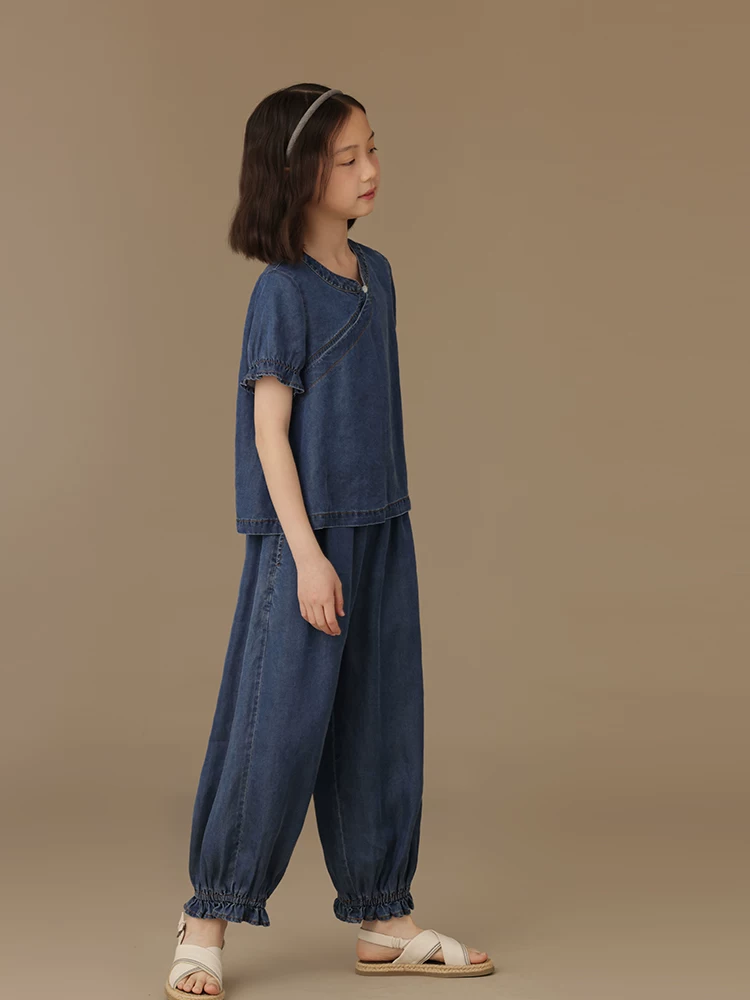 Bộ quần áo hè kiểu Trung Quốc mới cho bé gái, áo ngắn tay, quần jogger, quần chống muỗi, chất liệu mỏng
