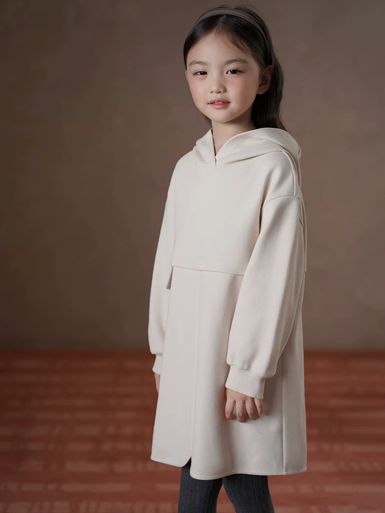 Quần áo trẻ em Hartzhi Váy dài tay xuân thu cho bé gái, Váy dài có mũ trùm đầu màu mơ, Váy áo nỉ mới dành cho trẻ lớn hơn.