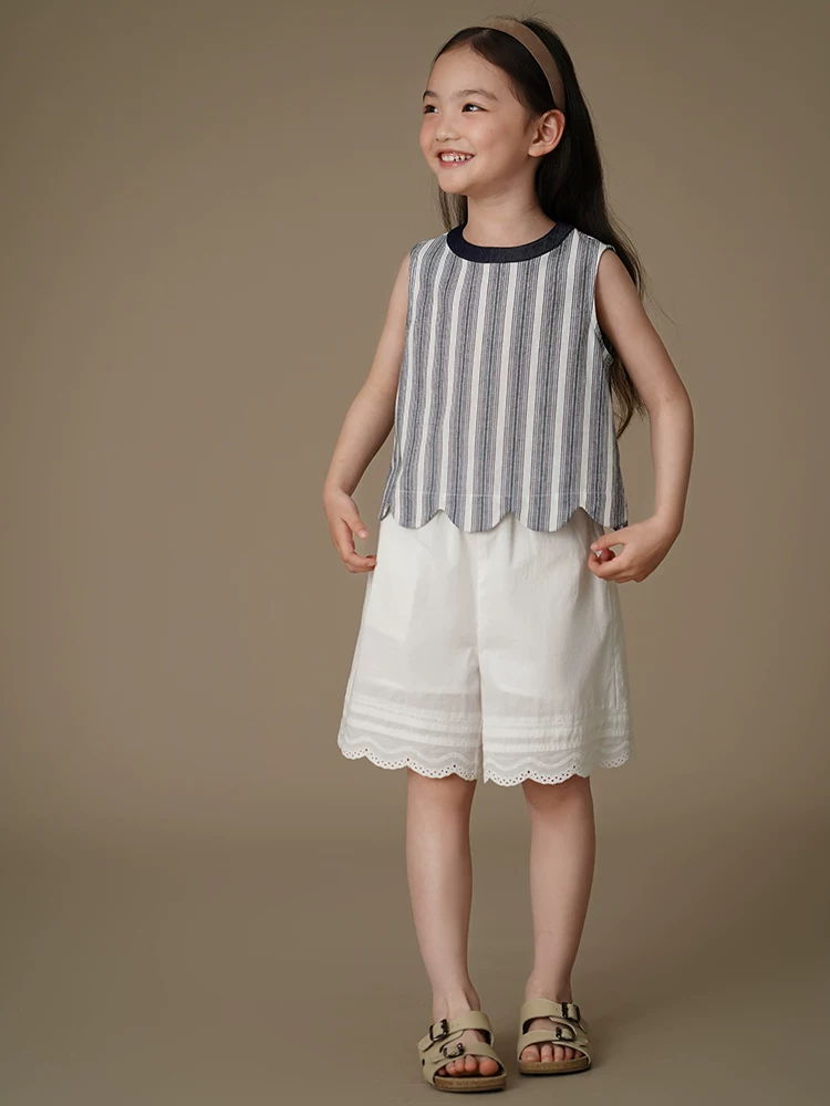 Quần short cotton đa năng có viền ren trắng cho bé gái, quần kiểu dáng mỏng mùa hè