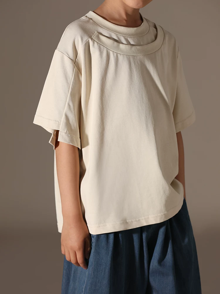 Quần áo trẻ em Hazi dành cho trẻ lớn hơn, áo thun ngắn tay bằng cotton nguyên chất mùa hè, áo mùa hè cổ tròn giả hai mảnh đa năng hợp thời trang dành cho bé gái.