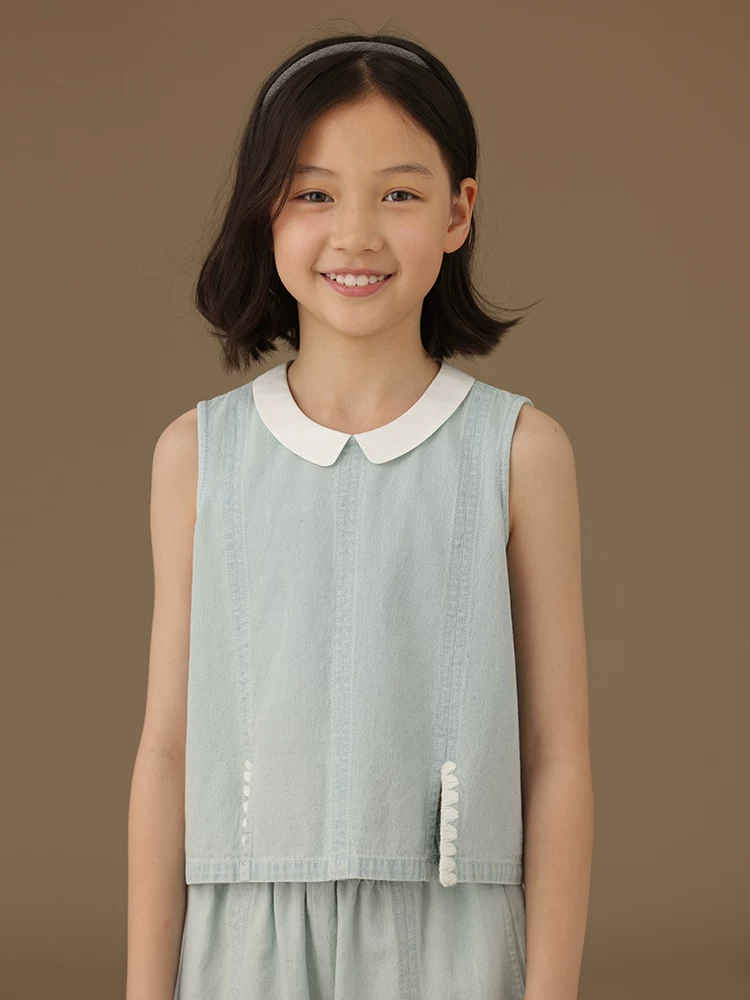 Bộ trang phục mùa hè cho bé gái năm 2025 kiểu mới: Áo vest denim, quần ống rộng, quần lửng, phong cách thường ngày, rộng rãi