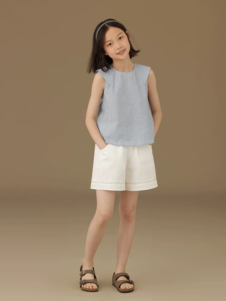Quần short mùa hè thông thường dành cho trẻ em dành cho bé gái, quần short ống rộng màu trắng rộng rãi, đa năng dành cho trẻ lớn hơn, mỏng.