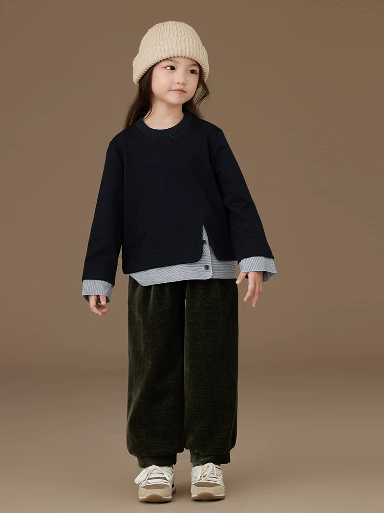 Quần áo trẻ em quần màu xanh đậm quần âu đơn giản quần jogger dáng rộng bé trai bé gái quần thể thao lót lông mùa đông