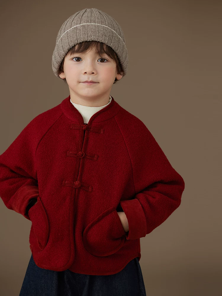 Áo khoác len trẻ em cho mùa thu đông, áo ấm màu đỏ, quần áo cotton phong cách Trung Hoa mới cho bé trai và bé gái, trang phục năm mới.