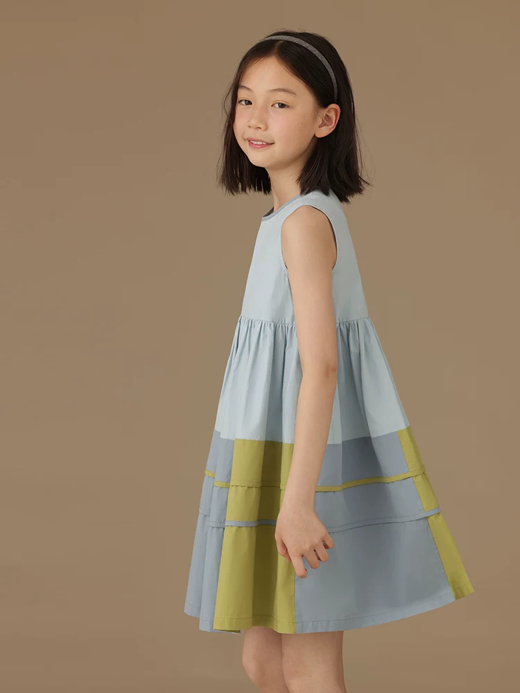 Váy vest mùa hè cho bé gái phối màu xanh dương và xanh lá, váy mùa hè mỏng cho bé gái.