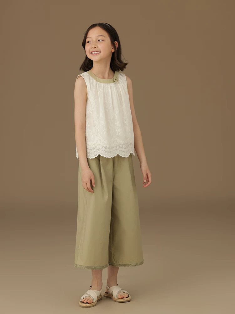 Quần capri màu xanh lá cây dành cho nữ quần âu quần ống rộng dành cho trẻ em quần nữ cao cấp kiểu dáng mỏng mùa hè