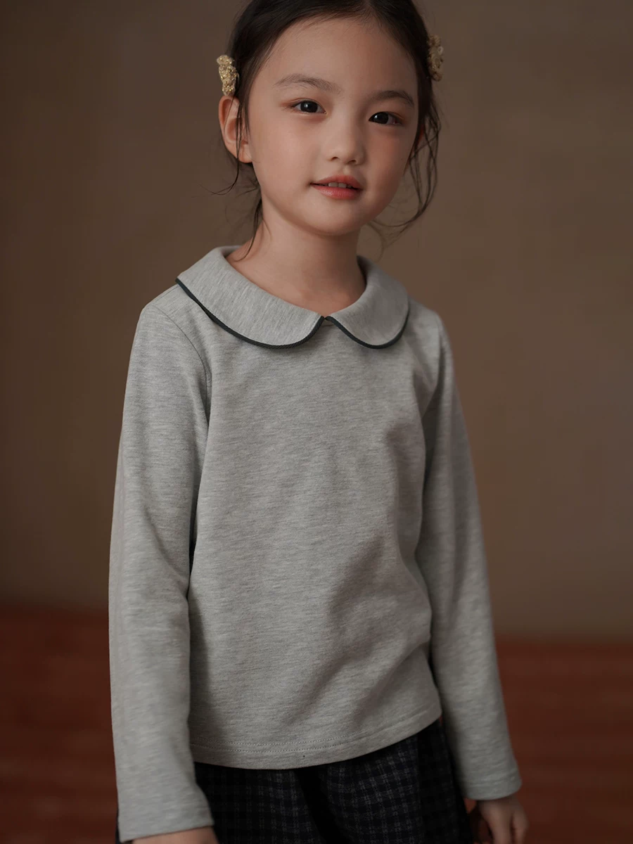 Quần áo trẻ em Hazi Áo thun dài tay mùa đông có lớp lót lông cừu, áo cổ búp bê ấm áp cho bé gái, áo sơ mi dệt kim, màu xám.