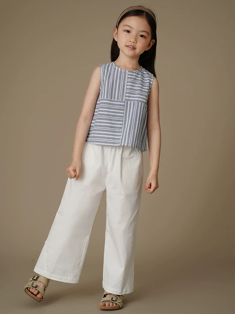 Quần áo trẻ em Áo sơ mi sọc xanh phong cách Nhật Bản Áo ba lỗ bé gái cotton thân thiện với da Trang phục mùa hè cho bé gái phong cách mới