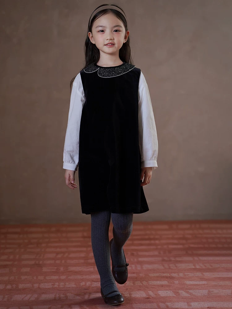 Quần áo trẻ em cho mùa xuân và mùa thu, váy nhung đen cho bé gái, váy thanh lịch cho bé gái, váy sinh nhật cho bé gái.