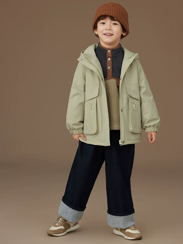 Quần áo cotton trẻ em, dày dặn và ấm áp, áo khoác có mũ đơn giản và cao cấp cho bé trai và bé gái, áo gió ba lớp.