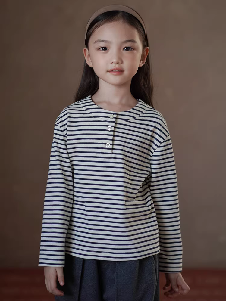 Quần áo trẻ em Áo thun sọc rộng phong cách Hàn Quốc bé trai và bé gái áo thun dệt kim co giãn mùa thu đông