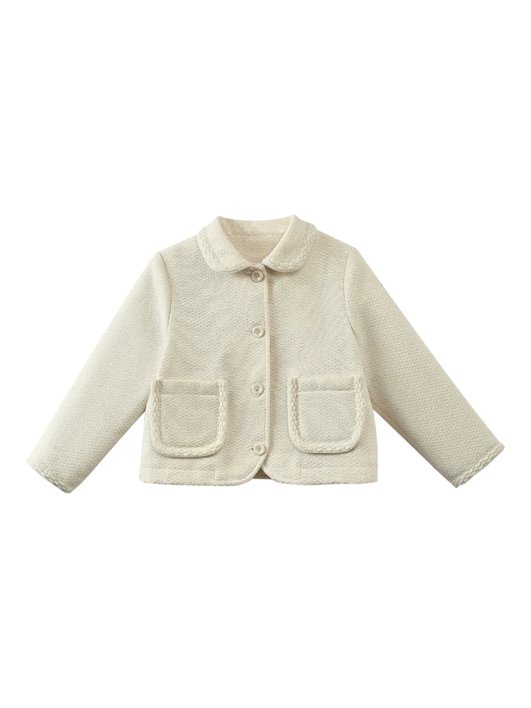 Quần áo trẻ em cho mùa thu đông, áo khoác cotton ngắn cho trẻ em, kiểu dáng thời trang và đơn giản, áo khoác kiểu Chanel cho bé gái, áo blazer màu be cho bé gái.