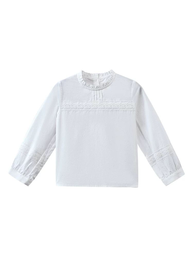 Quần áo trẻ em mùa thu áo mới kiểu nghệ thuật thêu nặng áo sơ mi trắng bé gái áo cotton bé gái