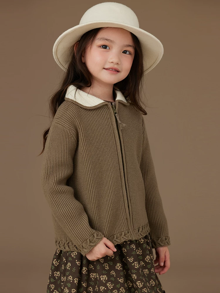 Quần áo trẻ em mùa thu đông Áo len cardigan trẻ em màu xanh lá cây có gân áo thường ngày Áo khoác dệt kim cho bé gái đơn giản và cao cấp